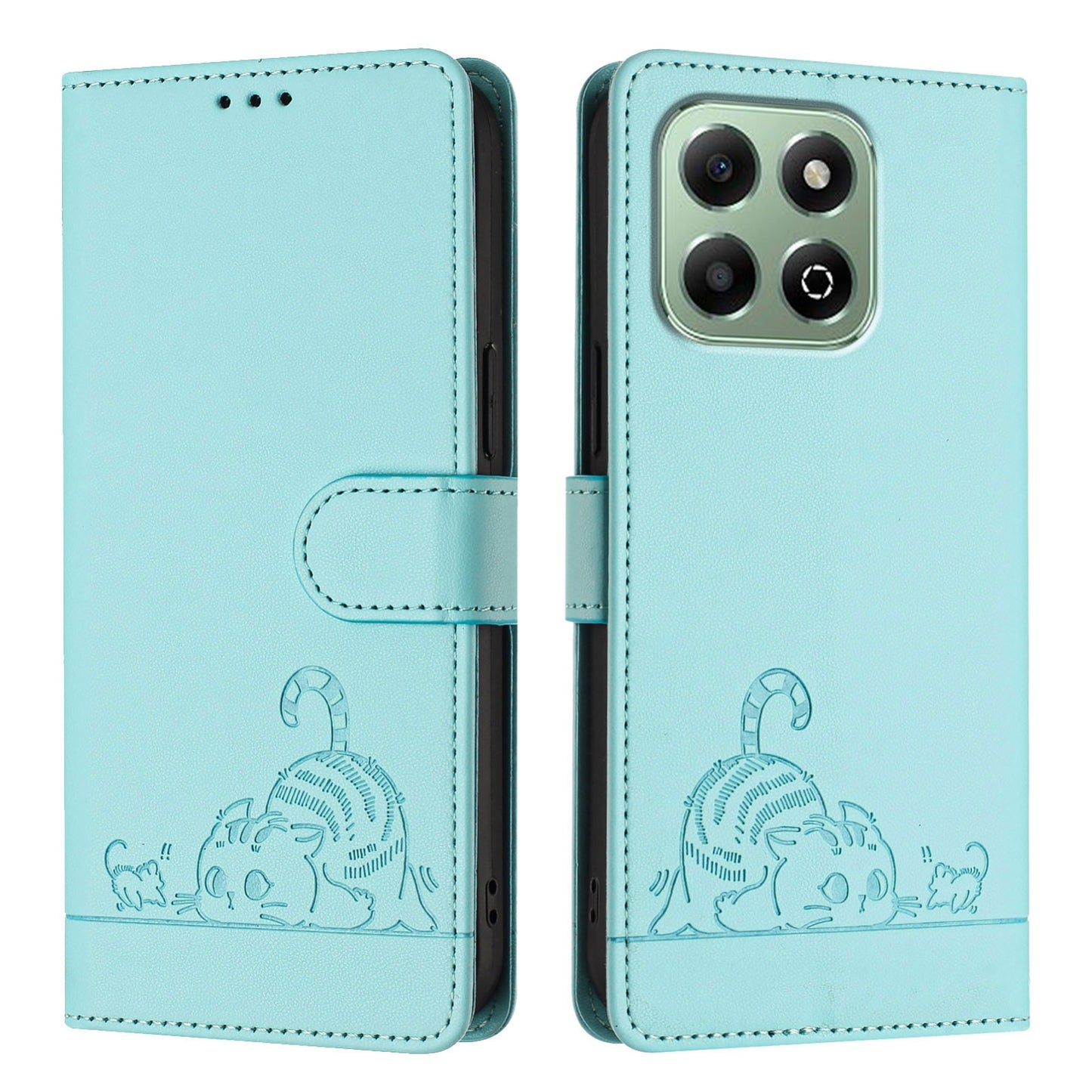 Honor X6b Cat and Rat Embossed Pattern, RFID Leather Phone Case with Lanyard, Kickstand, and Wallet Features