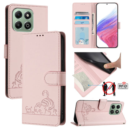 Honor X6b Cat and Rat Embossed Pattern, RFID Leather Phone Case with Lanyard, Kickstand, and Wallet Features