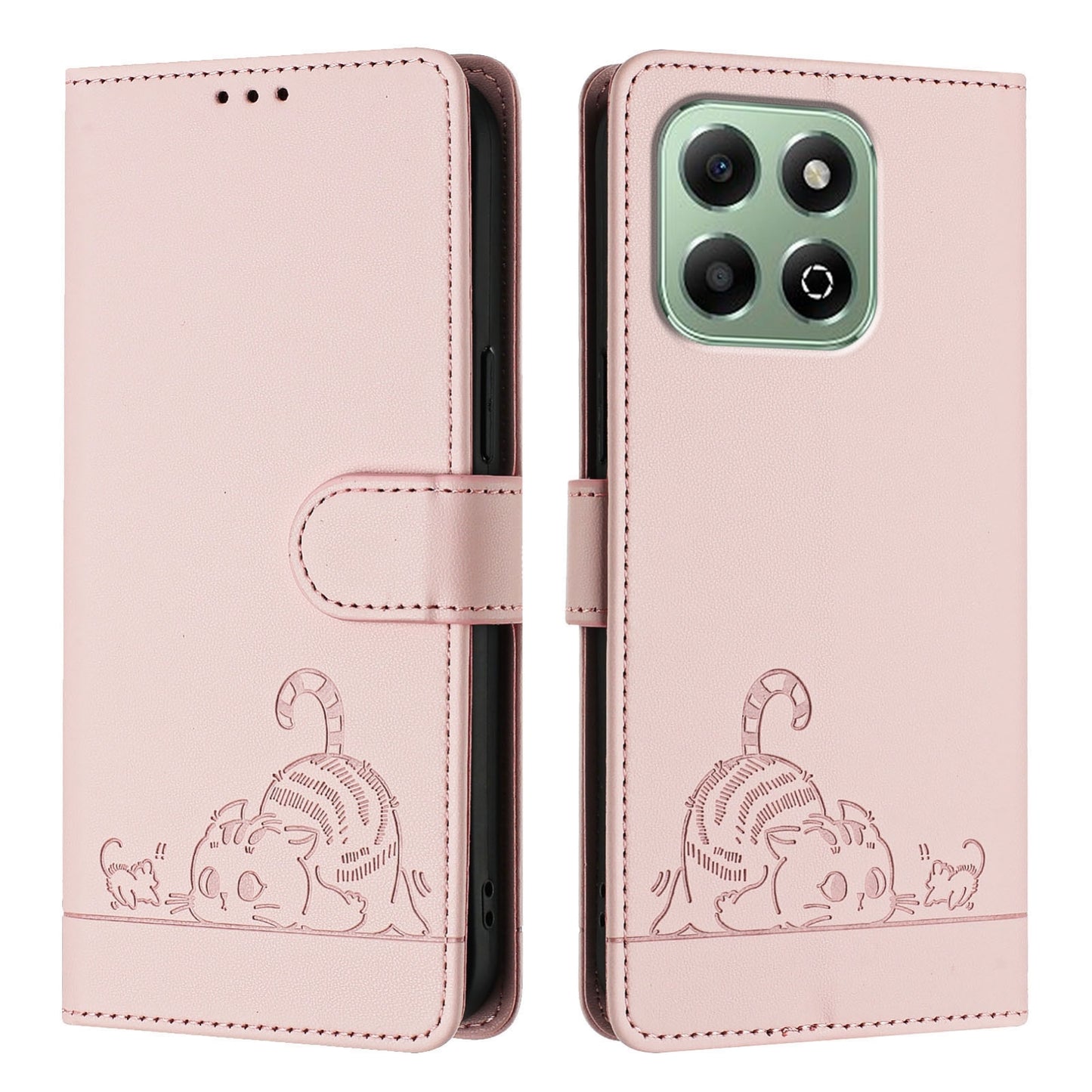 Honor X6b Cat and Rat Embossed Pattern, RFID Leather Phone Case with Lanyard, Kickstand, and Wallet Features