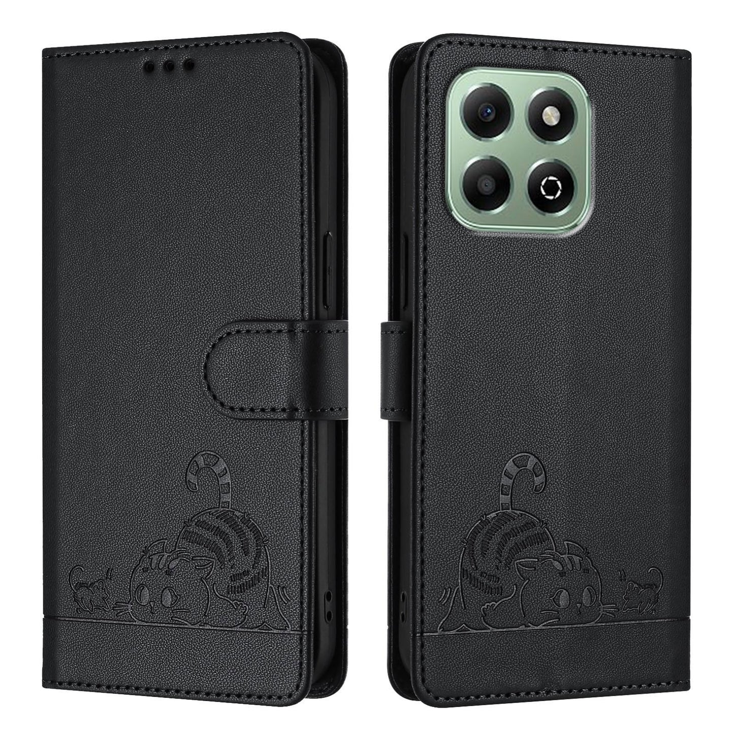 Honor X6b Cat and Rat Embossed Pattern, RFID Leather Phone Case with Lanyard, Kickstand, and Wallet Features