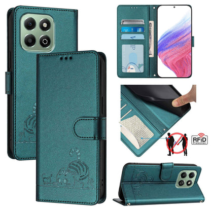 Honor X6b Cat and Rat Embossed Pattern, RFID Leather Phone Case with Lanyard, Kickstand, and Wallet Features