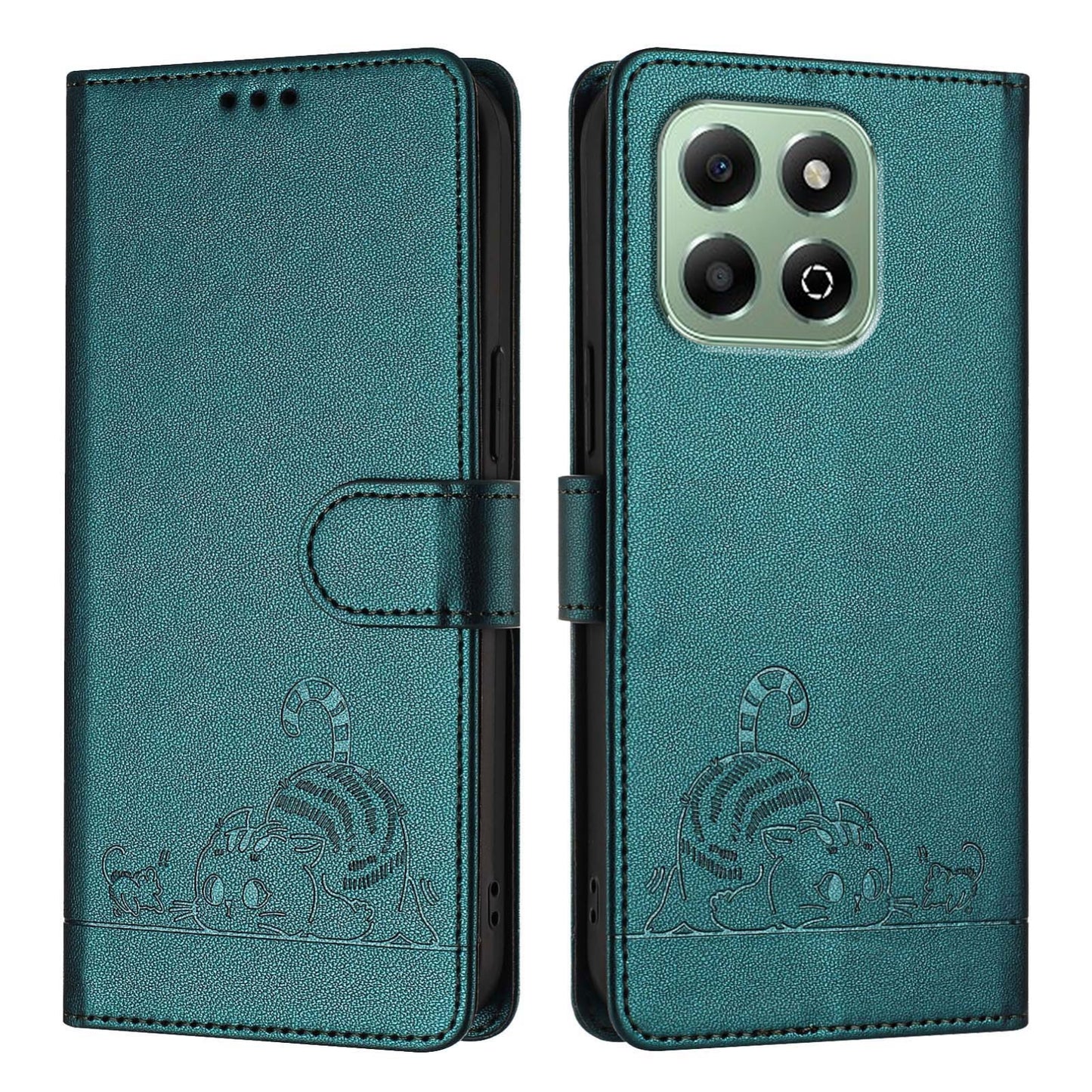 Honor X6b Cat and Rat Embossed Pattern, RFID Leather Phone Case with Lanyard, Kickstand, and Wallet Features