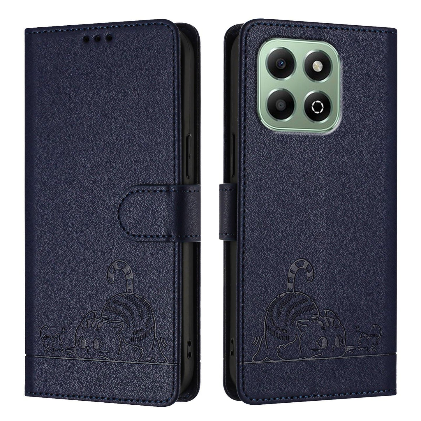 Honor X6b Cat and Rat Embossed Pattern, RFID Leather Phone Case with Lanyard, Kickstand, and Wallet Features