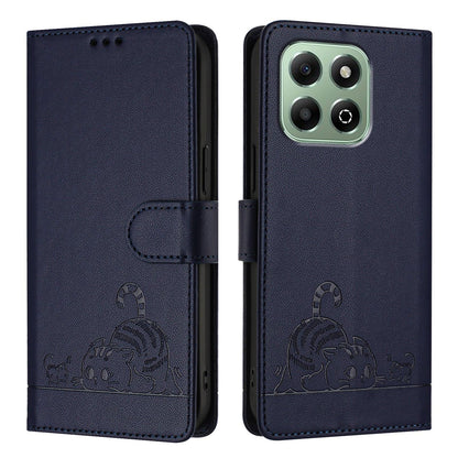 Honor X6b Cat and Rat Embossed Pattern, RFID Leather Phone Case with Lanyard, Kickstand, and Wallet Features