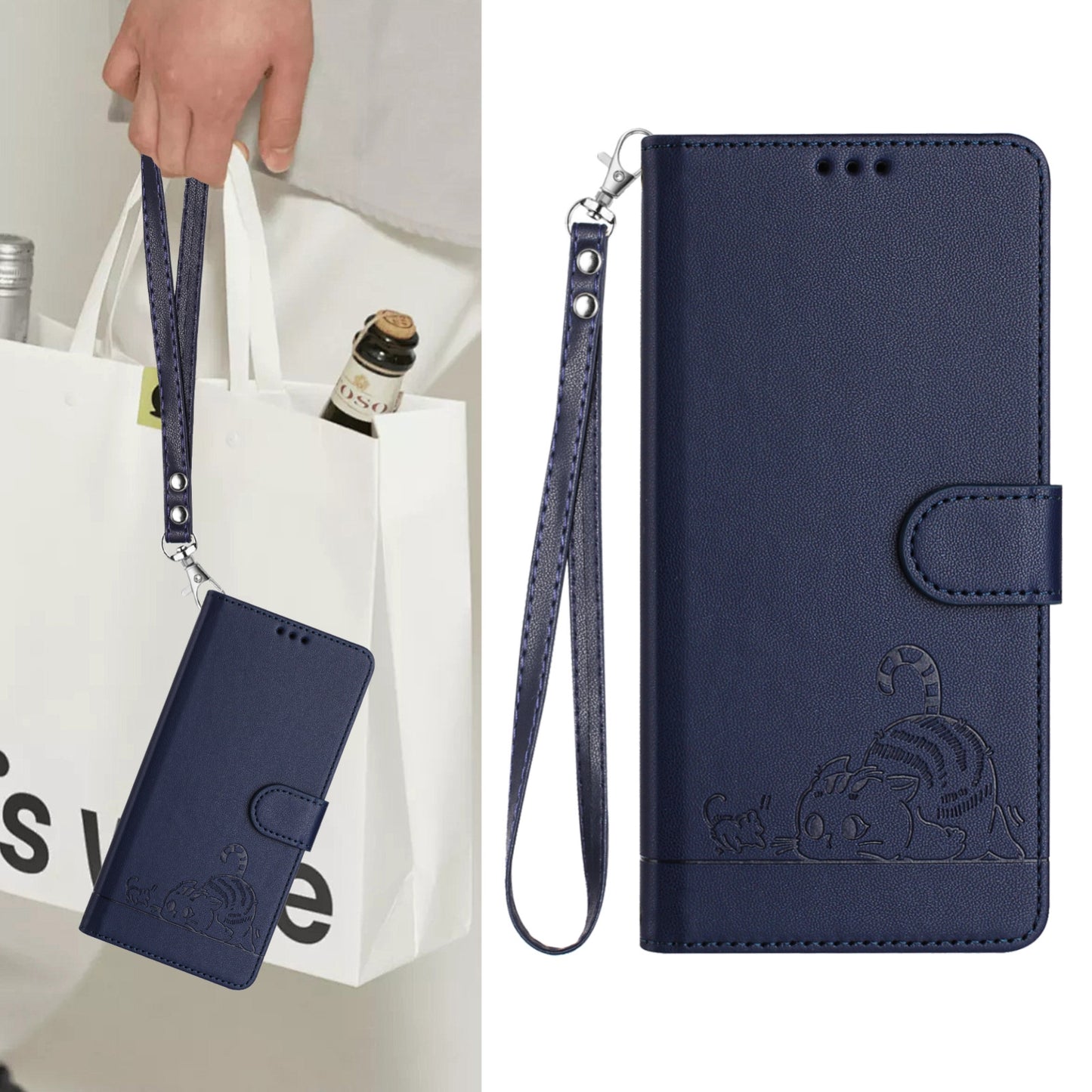 Honor X6b Cat and Rat Embossed Pattern, RFID Leather Phone Case with Lanyard, Kickstand, and Wallet Features