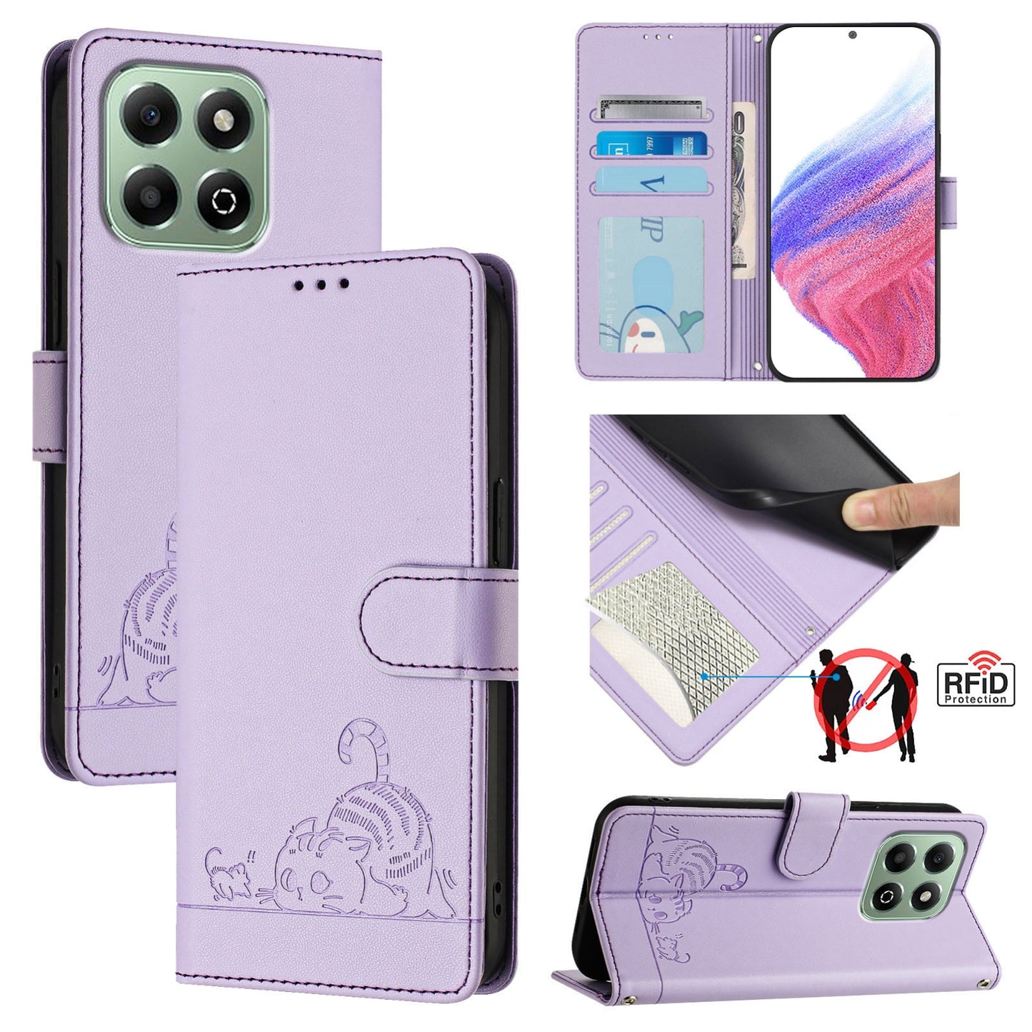 Honor X6b Cat and Rat Embossed Pattern, RFID Leather Phone Case with Lanyard, Kickstand, and Wallet Features