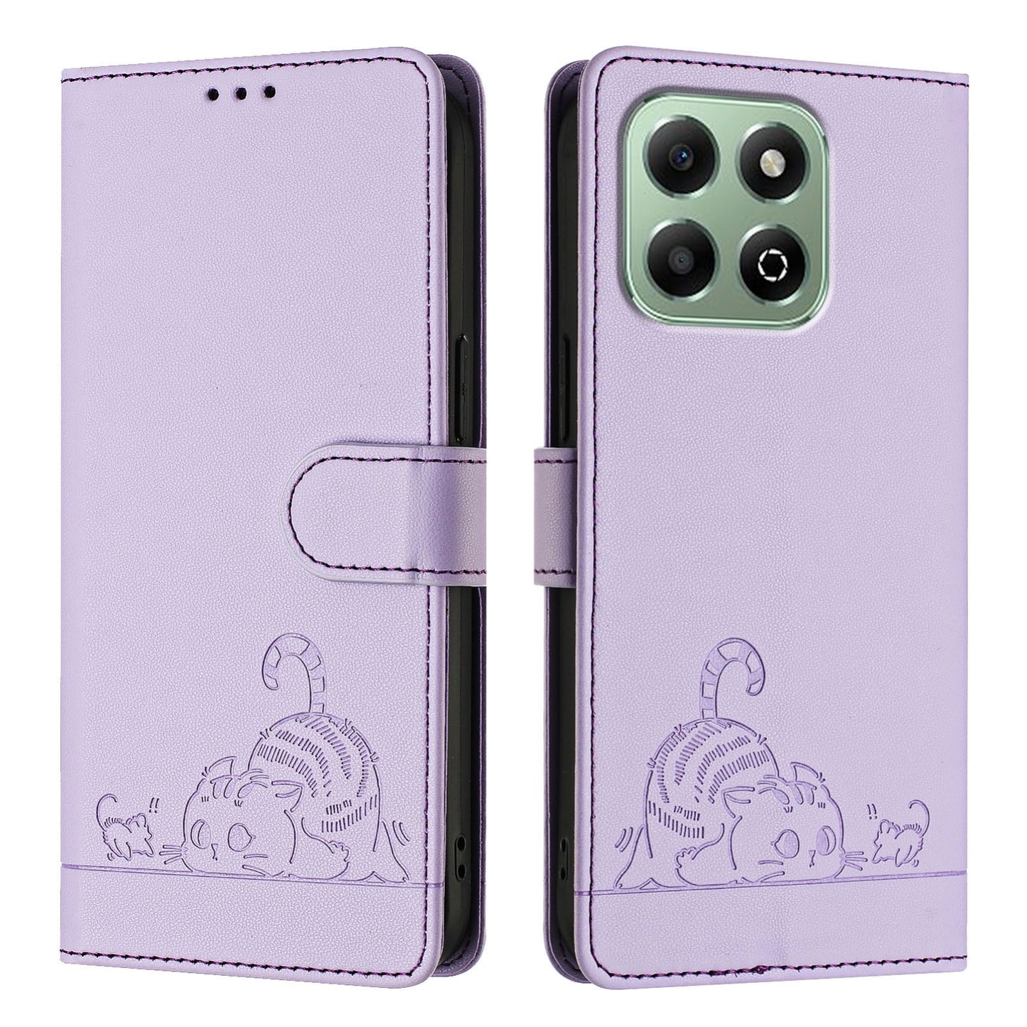 Honor X6b Cat and Rat Embossed Pattern, RFID Leather Phone Case with Lanyard, Kickstand, and Wallet Features