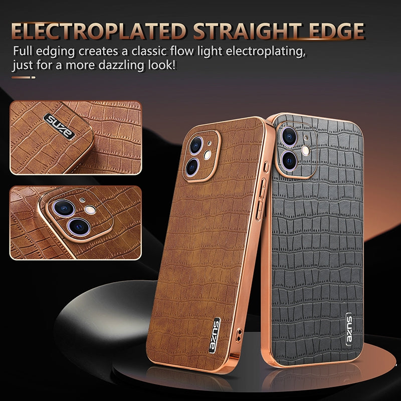 iPhone 11 Luxury Case - Electroplated Frame, Crocodile Texture Leather, Full Coverage Protection, Anti-Fingerprint & Shockproof