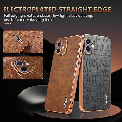 iPhone 12 Luxury Case - Electroplated Frame, Crocodile Texture Leather, Full Coverage Protection, Anti-Fingerprint & Shockproof