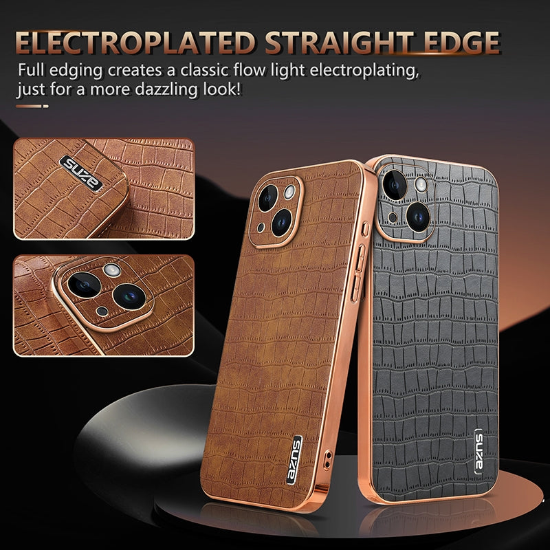 iPhone 14 Plus Luxury Case - Electroplated Frame, Crocodile Texture Leather, Full Coverage Protection, Anti-Fingerprint & Shockproof