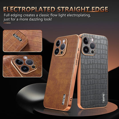 iPhone 14 Pro Luxury Case - Electroplated Frame, Crocodile Texture Leather, Full Coverage Protection, Anti-Fingerprint & Shockproof