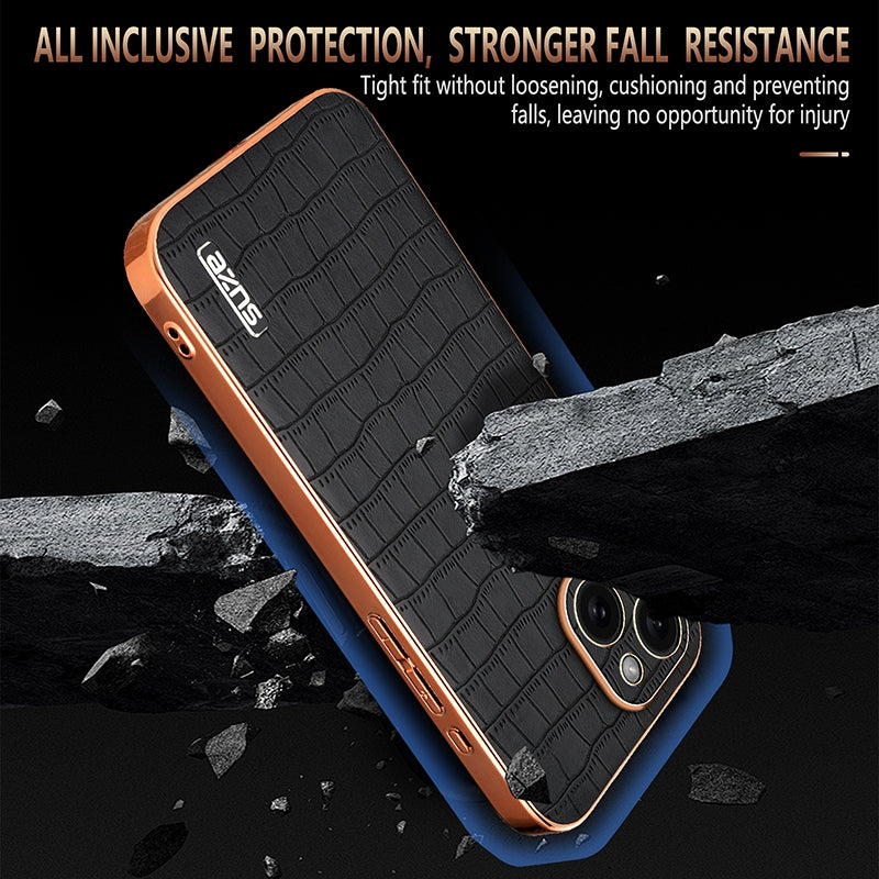 iPhone 15 Luxury Case - Electroplated Frame, Crocodile Texture Leather, Full Coverage Protection, Anti-Fingerprint & Shockproof
