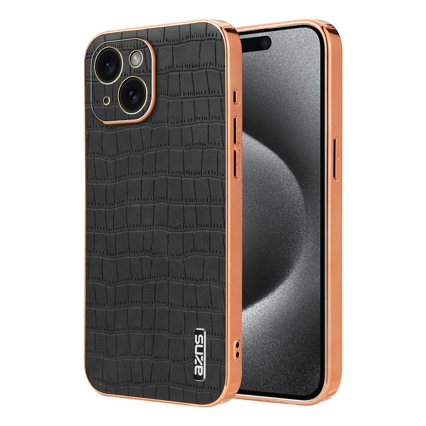 iPhone 15 Plus Luxury Case - Electroplated Frame, Crocodile Texture Leather, Full Coverage Protection, Anti-Fingerprint & Shockproof