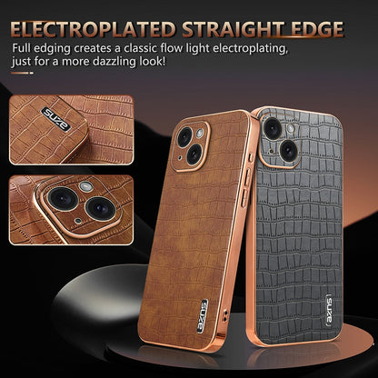 iPhone 15 Plus Luxury Case - Electroplated Frame, Crocodile Texture Leather, Full Coverage Protection, Anti-Fingerprint & Shockproof
