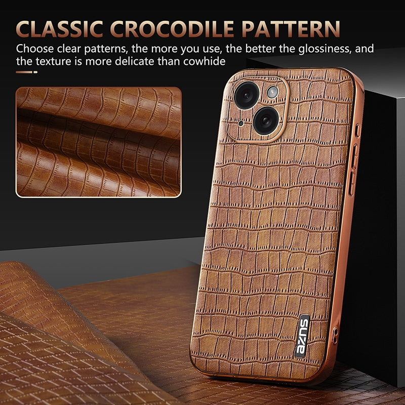 iPhone 15 Plus Luxury Case - Electroplated Frame, Crocodile Texture Leather, Full Coverage Protection, Anti-Fingerprint & Shockproof
