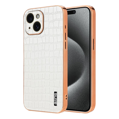 iPhone 15 Plus Luxury Case - Electroplated Frame, Crocodile Texture Leather, Full Coverage Protection, Anti-Fingerprint & Shockproof