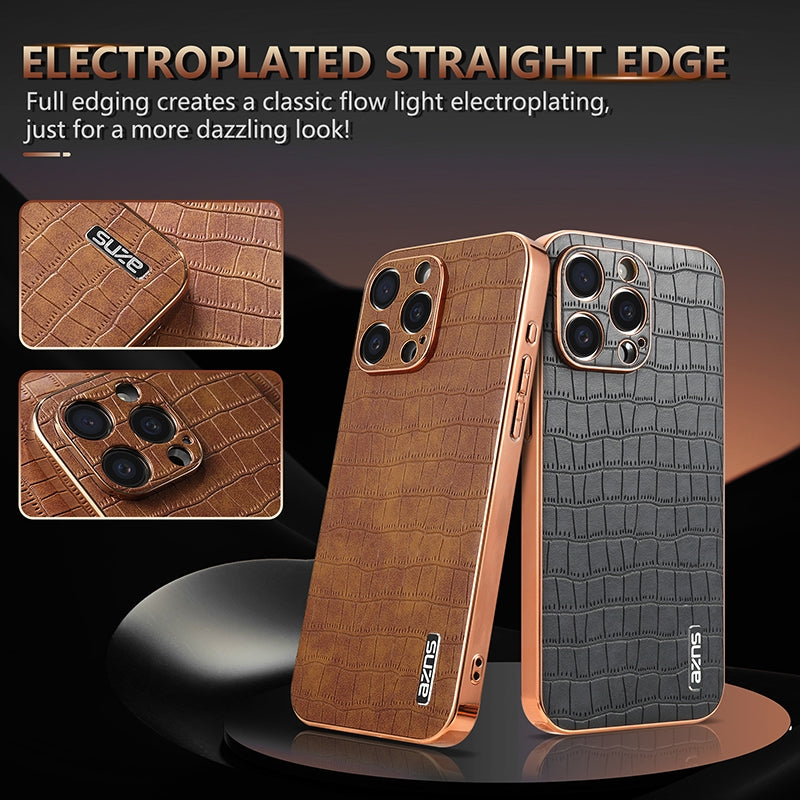 iPhone 15 Pro Luxury Case - Electroplated Frame, Crocodile Texture Leather, Full Coverage Protection, Anti-Fingerprint & Shockproof