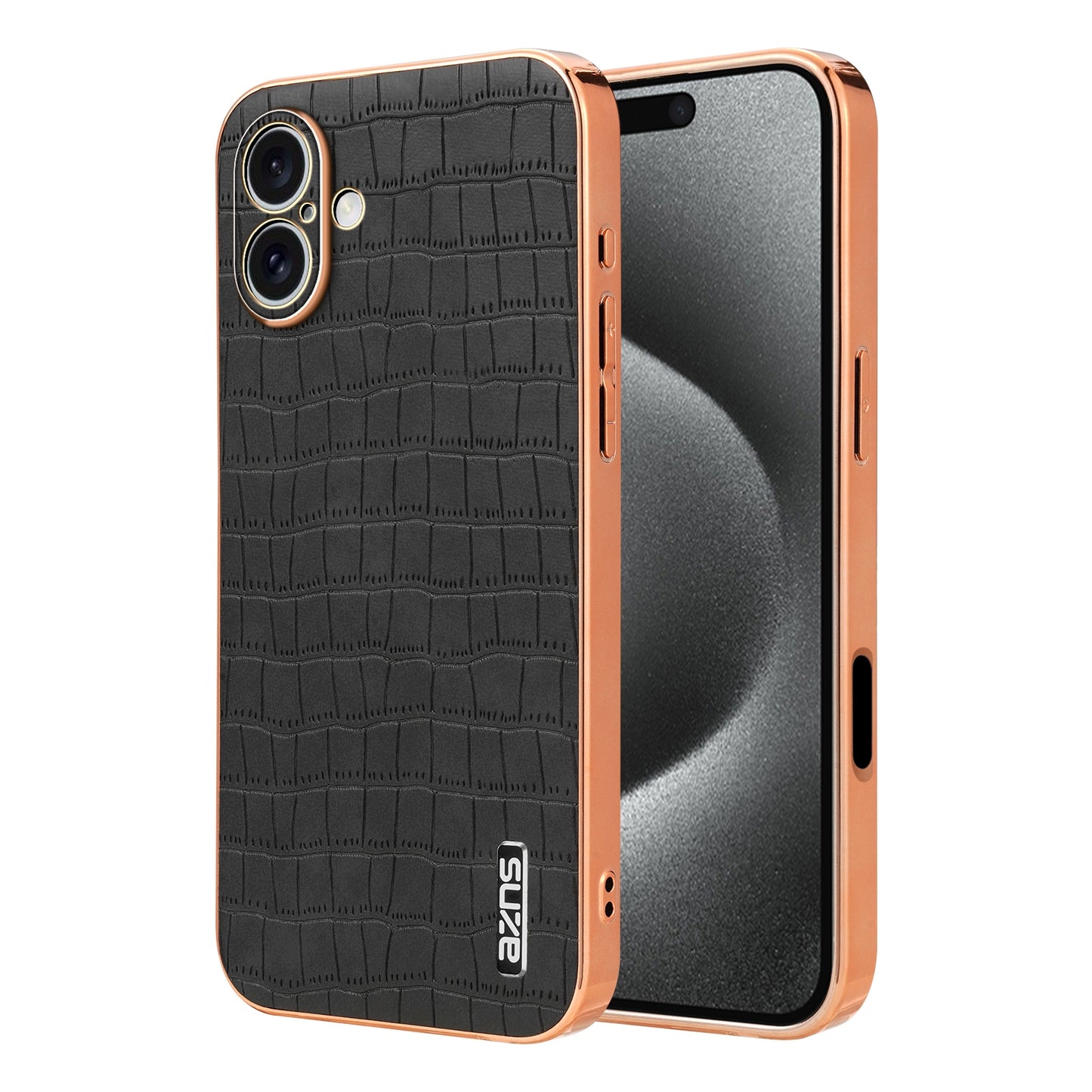 iPhone 16 Plus Luxury Case - Electroplated Frame, Crocodile Texture Leather, Full Coverage Protection, Anti-Fingerprint & Shockproof