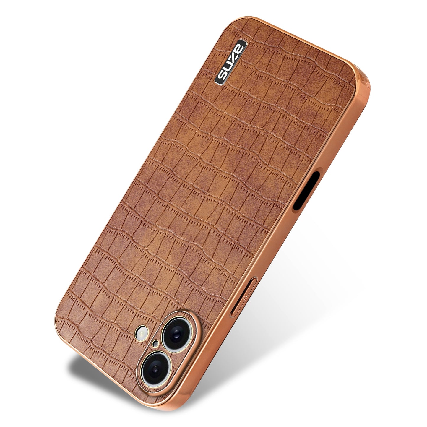 iPhone 16 Plus Luxury Case - Electroplated Frame, Crocodile Texture Leather, Full Coverage Protection, Anti-Fingerprint & Shockproof