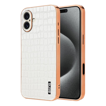 iPhone 16 Plus Luxury Case - Electroplated Frame, Crocodile Texture Leather, Full Coverage Protection, Anti-Fingerprint & Shockproof