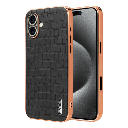 iPhone 16 Luxury Case - Electroplated Frame, Crocodile Texture Leather, Full Coverage Protection, Anti-Fingerprint & Shockproof
