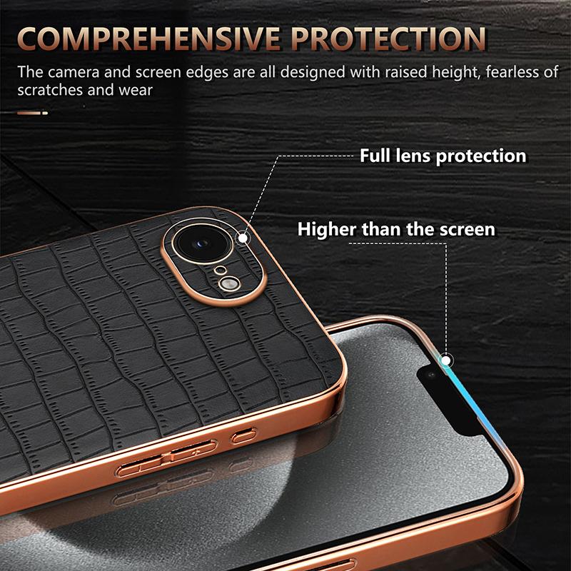 iPhone 16e Luxury Case - Electroplated Frame, Crocodile Texture Leather, Full Coverage Protection, Anti-Fingerprint & Shockproof