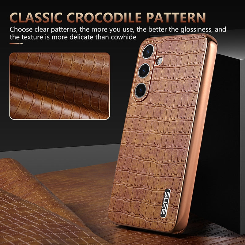 Samsung Galaxy S24 5G Luxury Case - Electroplated Frame, Crocodile Texture Leather, Full Coverage Protection, Anti-Fingerprint & Shockproof