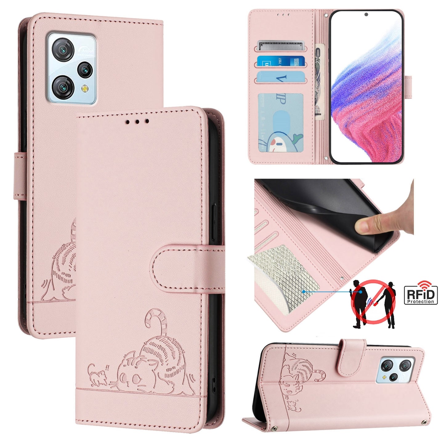 Blackview A53 Cat and Rat Embossed Pattern, RFID Leather Phone Case with Lanyard, Kickstand, and Wallet Features