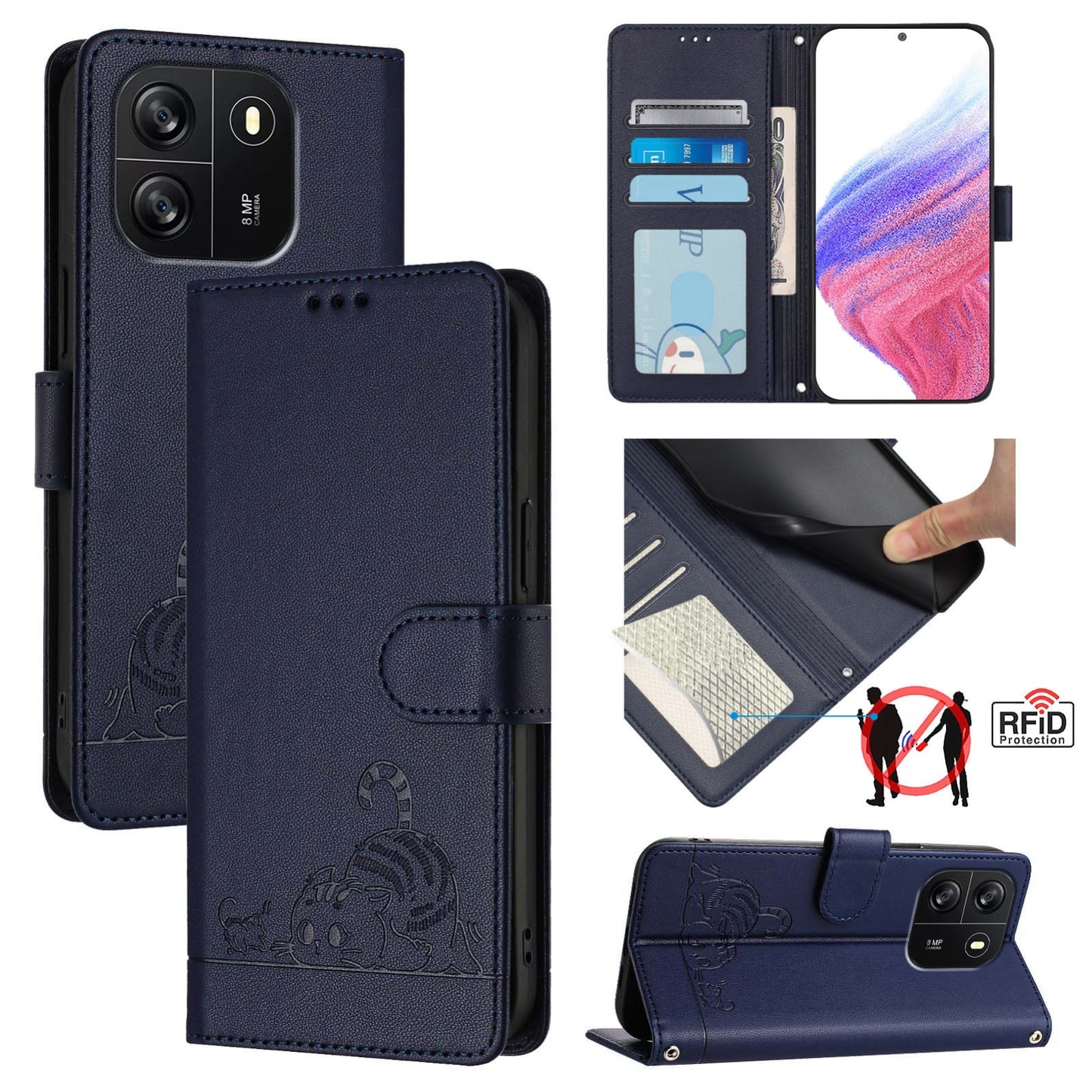 Blackview Wave 6C Cat and Rat Embossed Pattern, RFID Leather Phone Case with Lanyard, Kickstand, and Wallet Features