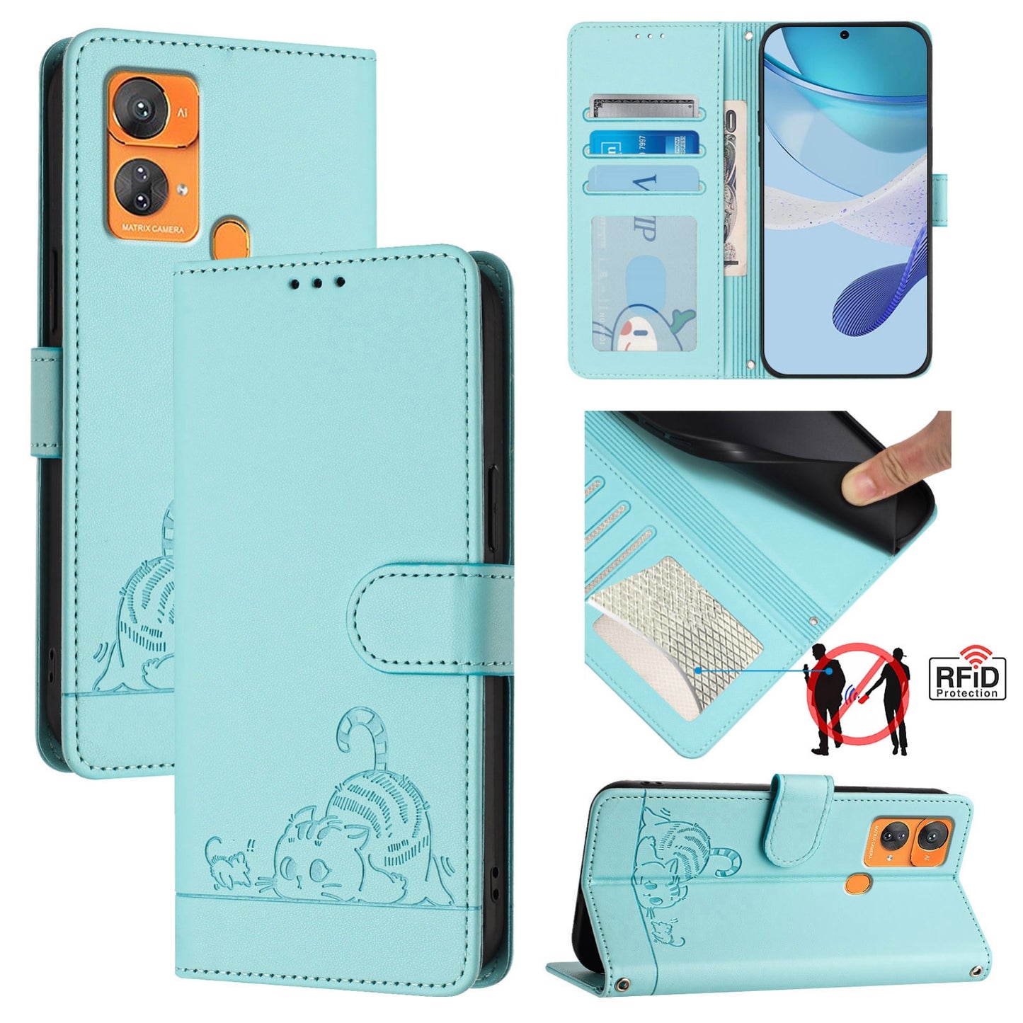 Oukitel C33 Cat and Rat Embossed Pattern, RFID Leather Phone Case with Lanyard, Kickstand, and Wallet Features
