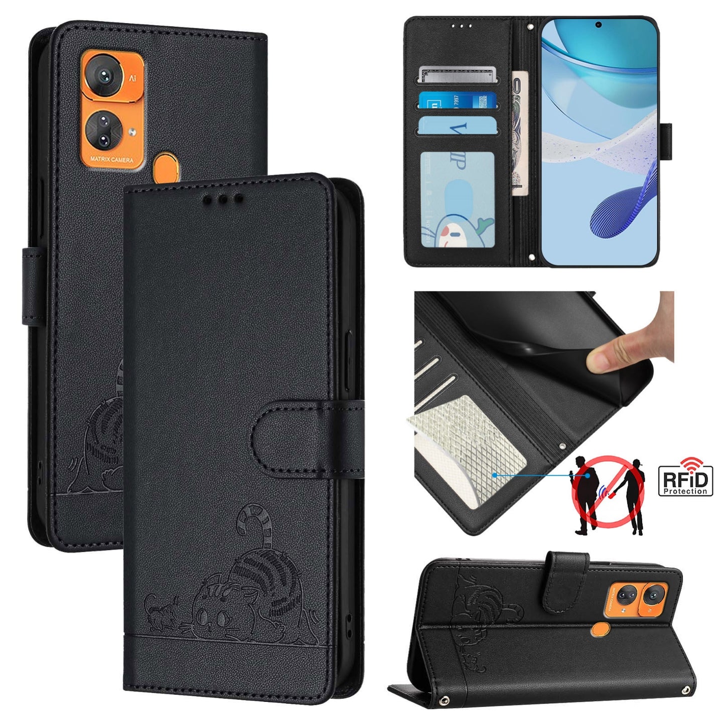 Oukitel C33 Cat and Rat Embossed Pattern, RFID Leather Phone Case with Lanyard, Kickstand, and Wallet Features