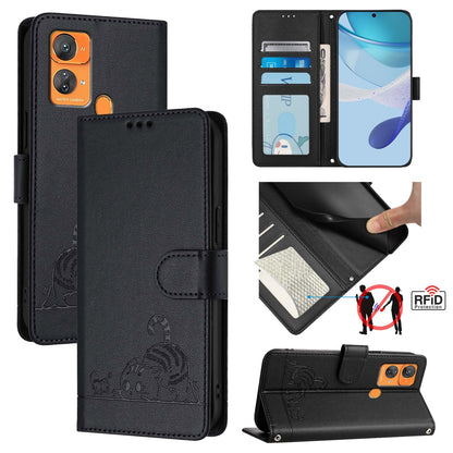Oukitel C33 Cat and Rat Embossed Pattern, RFID Leather Phone Case with Lanyard, Kickstand, and Wallet Features