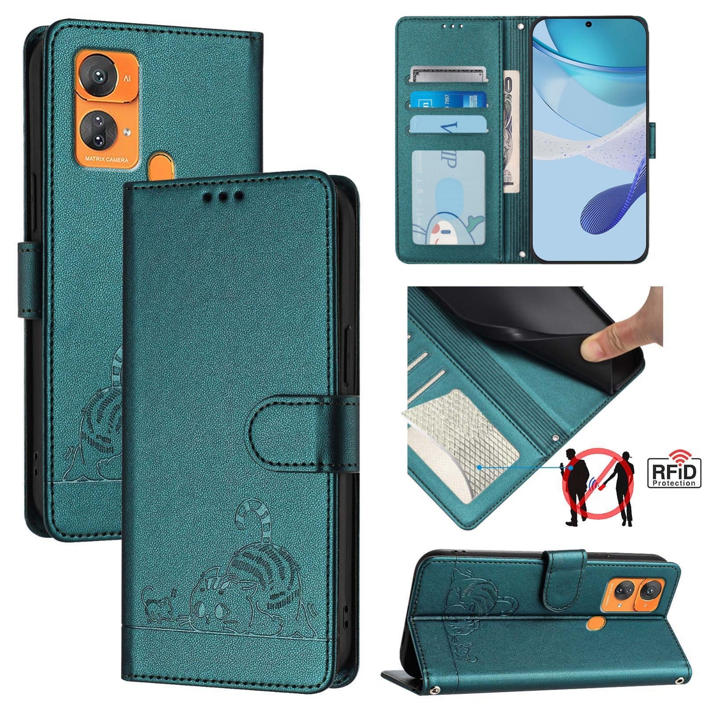 Oukitel C33 Cat and Rat Embossed Pattern, RFID Leather Phone Case with Lanyard, Kickstand, and Wallet Features