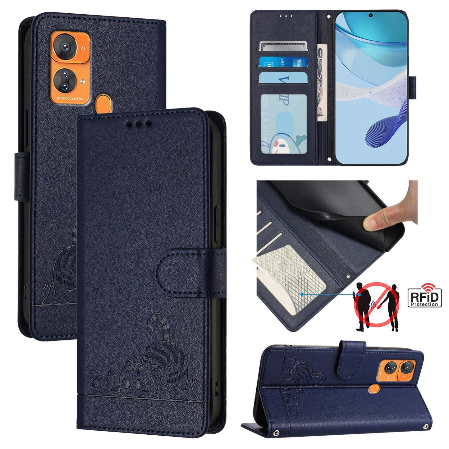 Oukitel C33 Cat and Rat Embossed Pattern, RFID Leather Phone Case with Lanyard, Kickstand, and Wallet Features