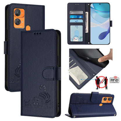 Oukitel C33 Cat and Rat Embossed Pattern, RFID Leather Phone Case with Lanyard, Kickstand, and Wallet Features