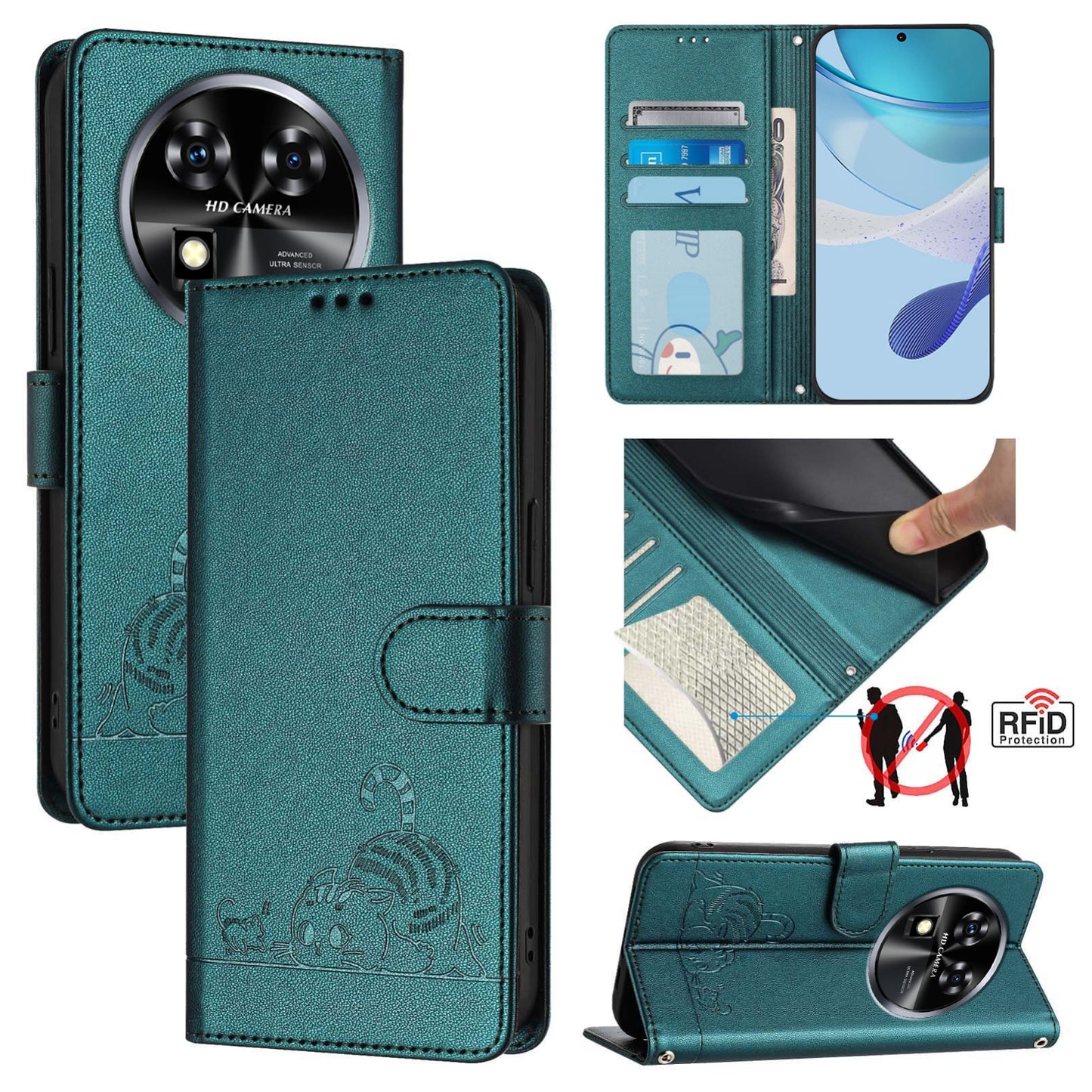 Oukitel C37 Cat and Rat Embossed Pattern, RFID Leather Phone Case with Lanyard, Kickstand, and Wallet Features