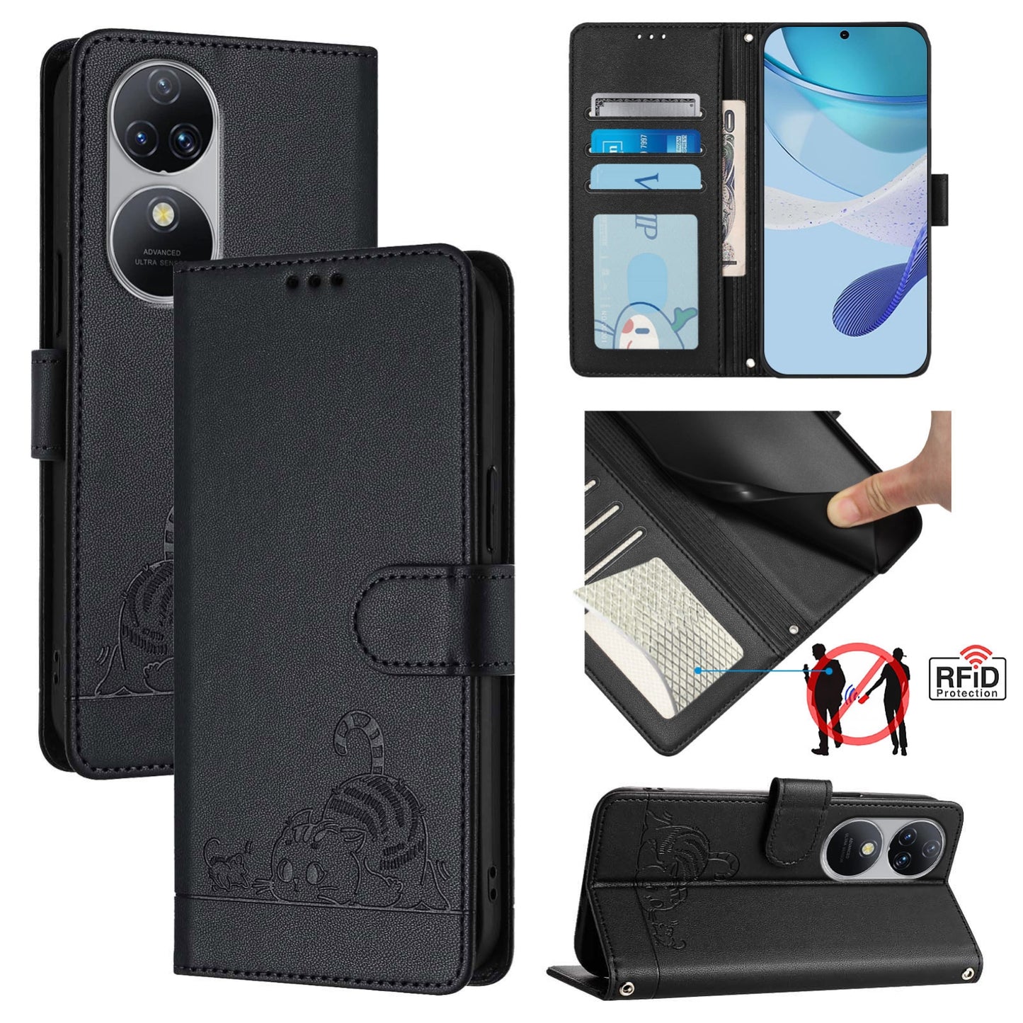 Oukitel C38 Cat and Rat Embossed Pattern, RFID Leather Phone Case with Lanyard, Kickstand, and Wallet Features