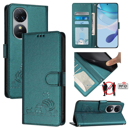 Oukitel C38 Cat and Rat Embossed Pattern, RFID Leather Phone Case with Lanyard, Kickstand, and Wallet Features