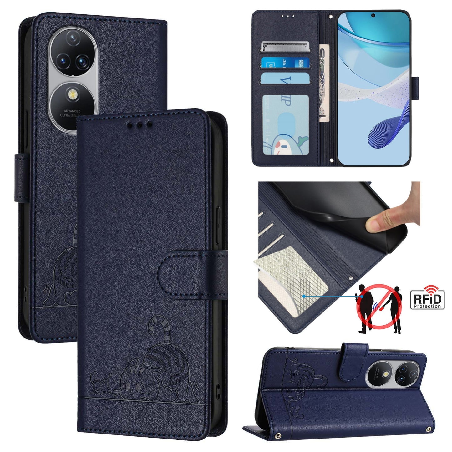 Oukitel C38 Cat and Rat Embossed Pattern, RFID Leather Phone Case with Lanyard, Kickstand, and Wallet Features