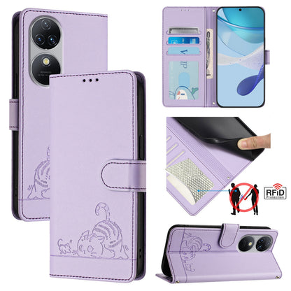 Oukitel C38 Cat and Rat Embossed Pattern, RFID Leather Phone Case with Lanyard, Kickstand, and Wallet Features