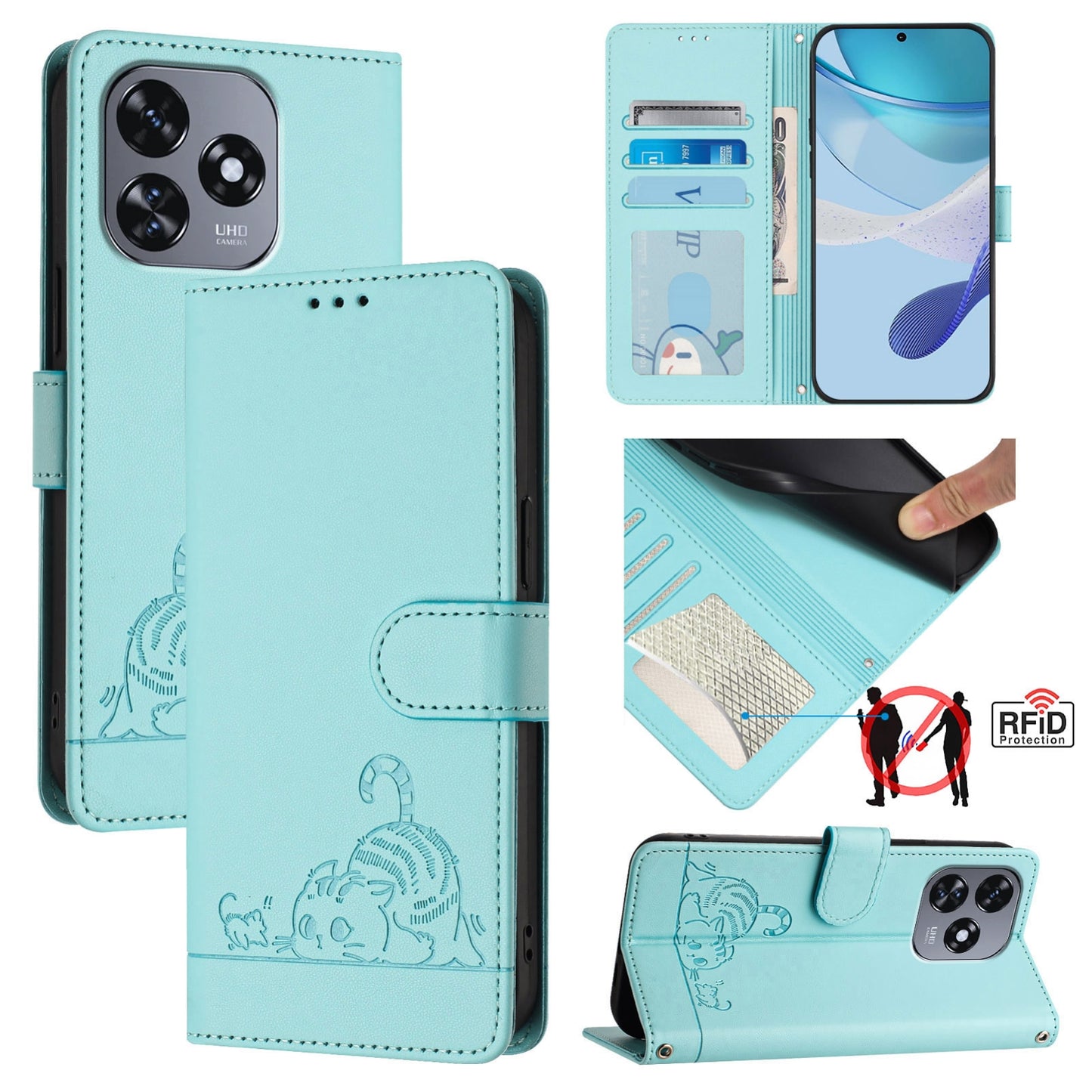 Oukitel C51 Cat and Rat Embossed Pattern, RFID Leather Phone Case with Lanyard, Kickstand, and Wallet Features
