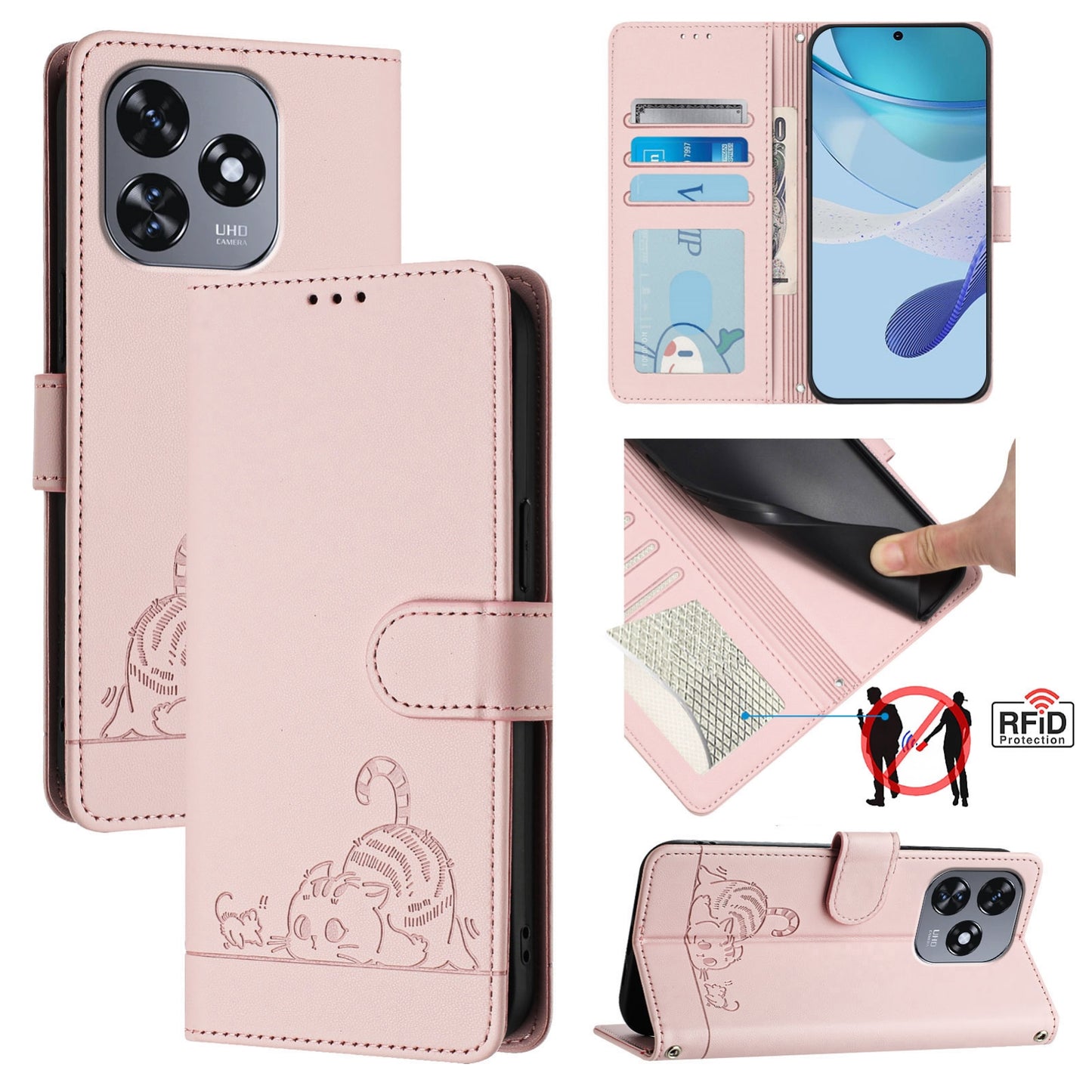 Oukitel C51 Cat and Rat Embossed Pattern, RFID Leather Phone Case with Lanyard, Kickstand, and Wallet Features