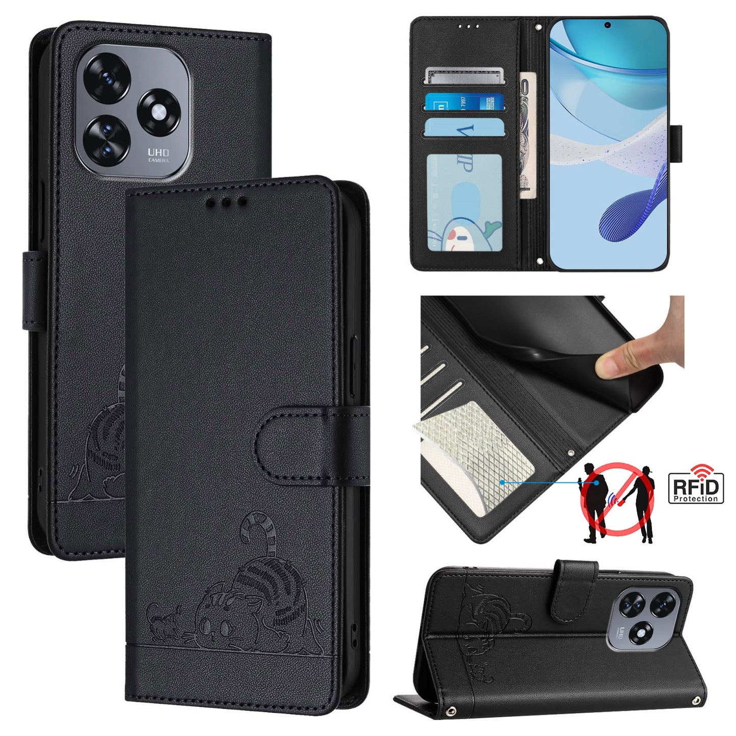 Oukitel C51 Cat and Rat Embossed Pattern, RFID Leather Phone Case with Lanyard, Kickstand, and Wallet Features