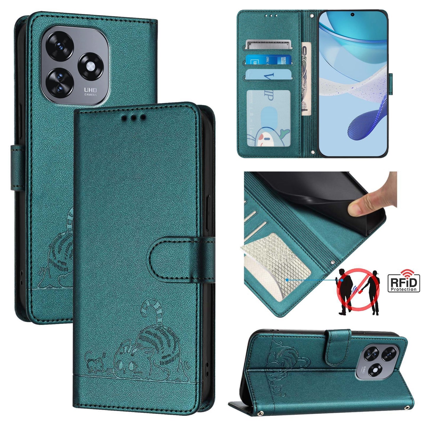 Oukitel C51 Cat and Rat Embossed Pattern, RFID Leather Phone Case with Lanyard, Kickstand, and Wallet Features