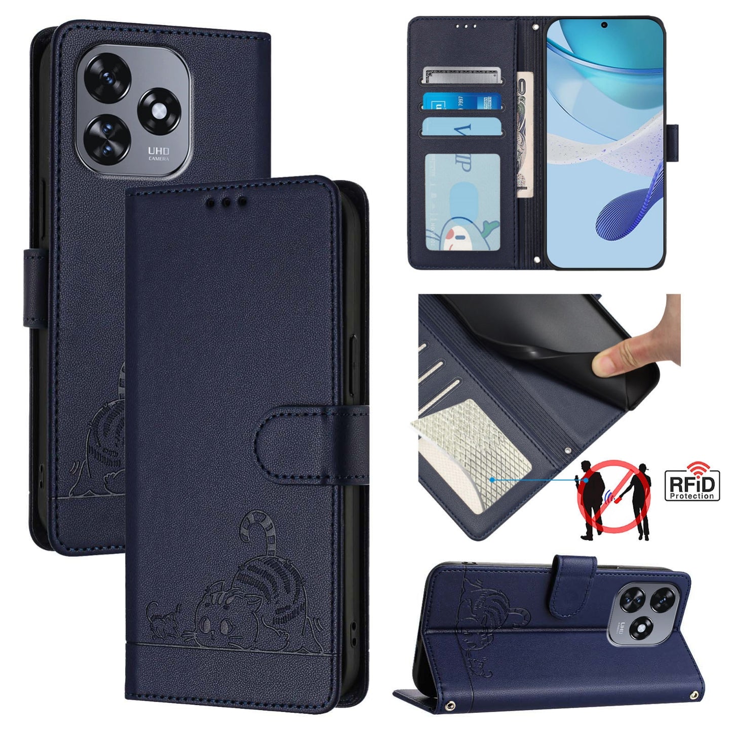 Oukitel C51 Cat and Rat Embossed Pattern, RFID Leather Phone Case with Lanyard, Kickstand, and Wallet Features