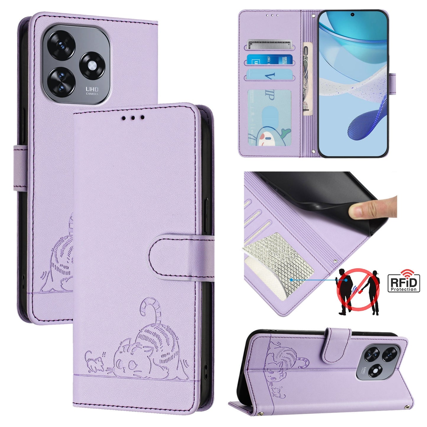 Oukitel C51 Cat and Rat Embossed Pattern, RFID Leather Phone Case with Lanyard, Kickstand, and Wallet Features