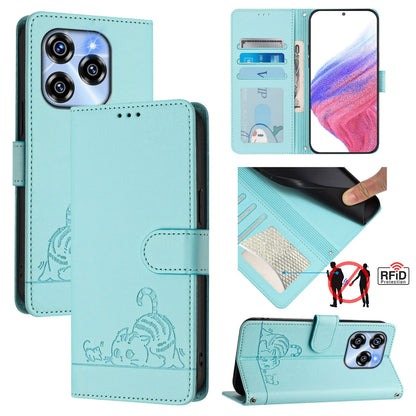 Oukitel C50 Cat and Rat Embossed Pattern, RFID Leather Phone Case with Lanyard, Kickstand, and Wallet Features