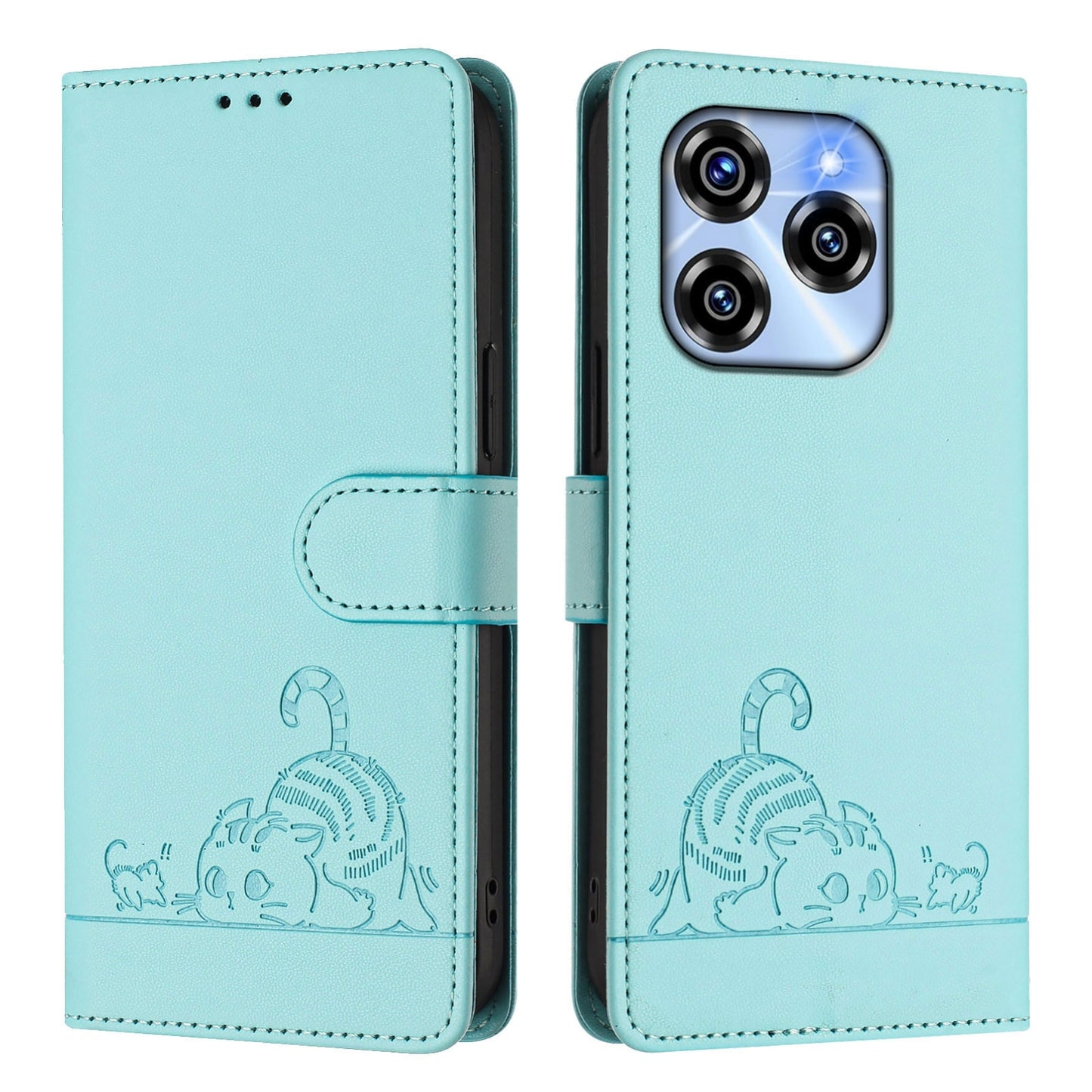 Oukitel C50 Cat and Rat Embossed Pattern, RFID Leather Phone Case with Lanyard, Kickstand, and Wallet Features