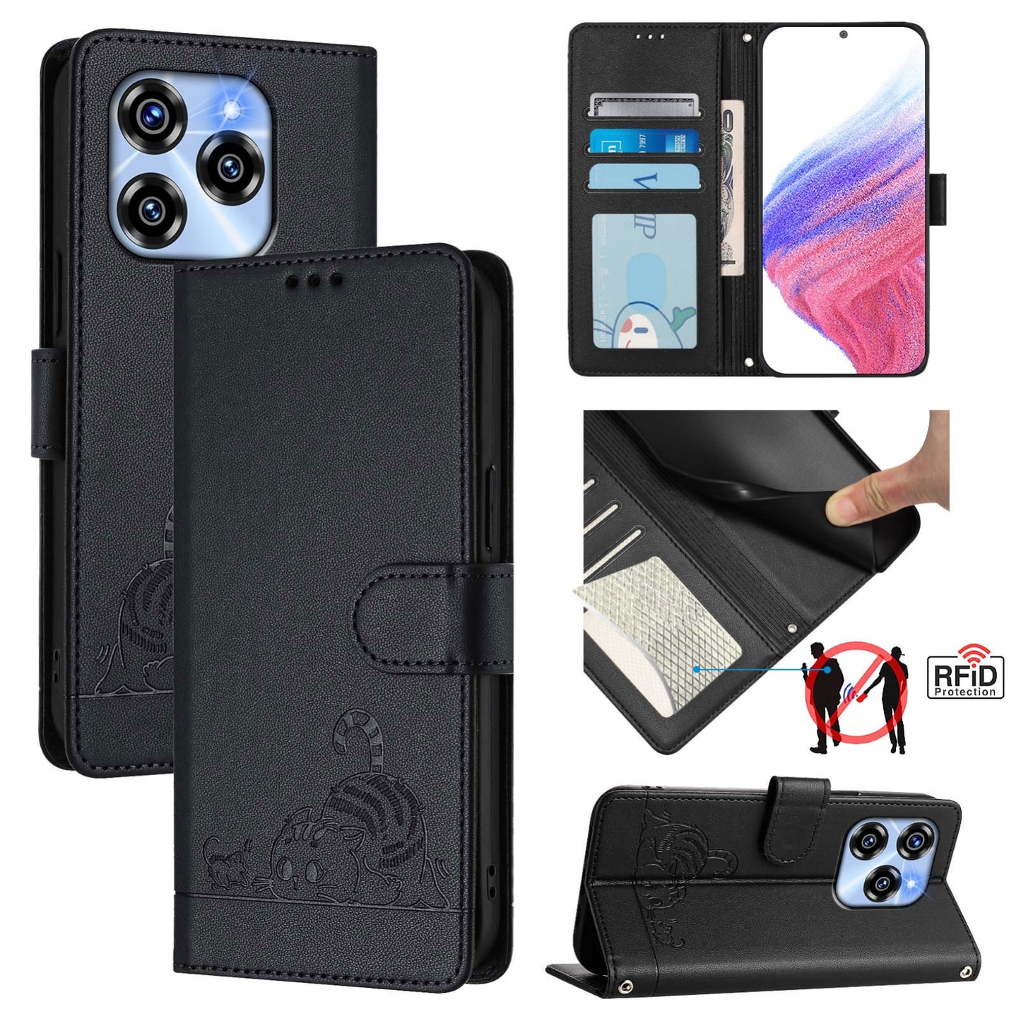 Oukitel C50 Cat and Rat Embossed Pattern, RFID Leather Phone Case with Lanyard, Kickstand, and Wallet Features