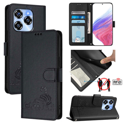 Oukitel C50 Cat and Rat Embossed Pattern, RFID Leather Phone Case with Lanyard, Kickstand, and Wallet Features